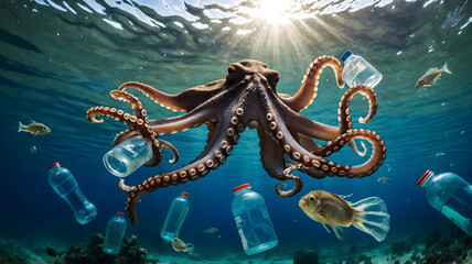 Obraz premium Octopus underwater surrounded by plastic bottles, highlighting ocean pollution and environmental concerns.