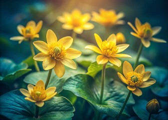 Fototapeta premium Vintage Style Lesser Celandine Close-Up: Delicate Yellow Wildflowers in Shallow Depth of Field