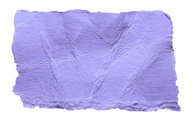 Purple violet crumpled wrinkled torn piece of blank paper note cardboard with texture and copy space, close up transparent png background isolated cut out design element
