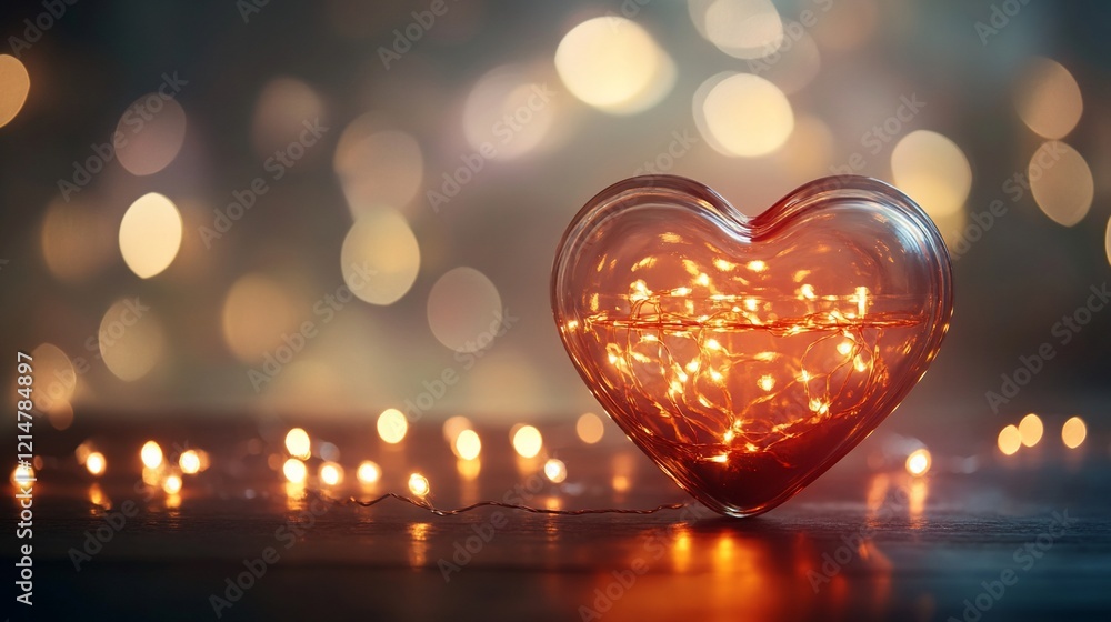 Poster heart shaped glass filled with string lights on a dark surface and bokeh lights