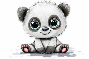 Adorable panda with big round eyes sitting on the ground drawn in a playful artistic style