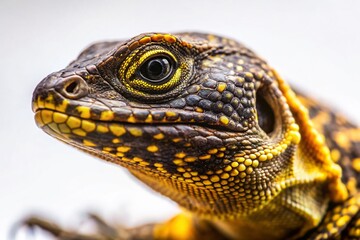 Fototapeta premium Vintage Style Photo: Close-up of Black and Yellow Patterned Lizard on White Background