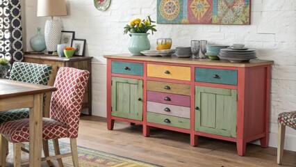 A colorful painted sideboard stands proudly against one wall displaying dishes and decor that echo the bold colors present in the chairs harmonizing the entire space while