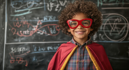 A cheerful young boy wearing a red cape and glasses stands confidently in front of a chalkboard covered with various math equations, showcasing his playful spirit and imagination.