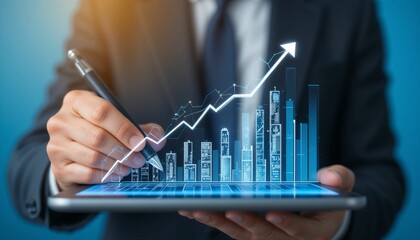 Businessman draw growth graph and progress of business and analyzing financial and dynamic business growth
