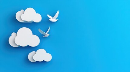 Sky High:  A minimalistic illustration of white clouds floating against a vibrant blue backdrop, with two white birds soaring through the air, creating a sense of freedom and limitless possibility.  