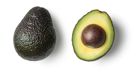 A fresh avocado with one half sliced and placed beside the whole fruit, showing its vibrant green flesh, isolated on white