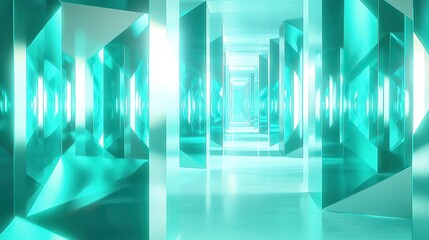 A surreal maze of glowing polygonal mirrors that endlessly reflect one another in vibrant gradients of teal
