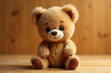 Obraz premium Brown teddy bear sitting alone on a wooden surface against a blurred background with his hands down created