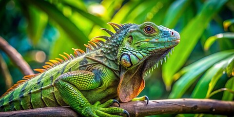 Obraz premium Calm Iguana on Lush Green Branch - Stock Photo