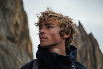 Man climbing a rock in extreme sports rock climbing.
