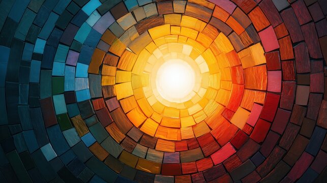 Vibrant mosaic spiral with glowing center symbolizes unity, hope, collective strength, embodying Nelson Mandela&rsquo;s ideals of harmony and interconnectedness, ideal for inspirational, awareness campaigns