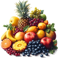 Vibrant Assortment of Fresh Fruits Including Pineapple, Apples, Grapes, Berries, and Citrus on a White Background

