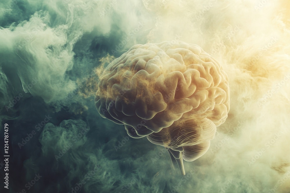 Poster exploring the intricate patterns of the human brain amidst swirling clouds
