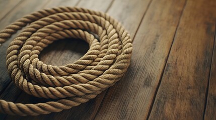 Obraz premium Coiled Rustic Rope Texture on Wooden Surface in Vintage Ambiance 3D