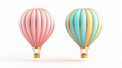 Naklejka premium Two beautifully designed hot air balloons, one pink and one blue, ready for flight. A symbol of adventure and freedom in the sky, perfect for travel themes.