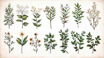 A beautiful collection of various botanical illustrations showcasing different types of leaves and flowers with intricate details and natural colors.