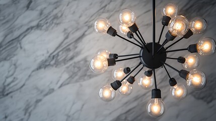 Obraz premium Light bulb radiating soft light suspended from a black wire surrounded by unlit bulbs on a sleek surface