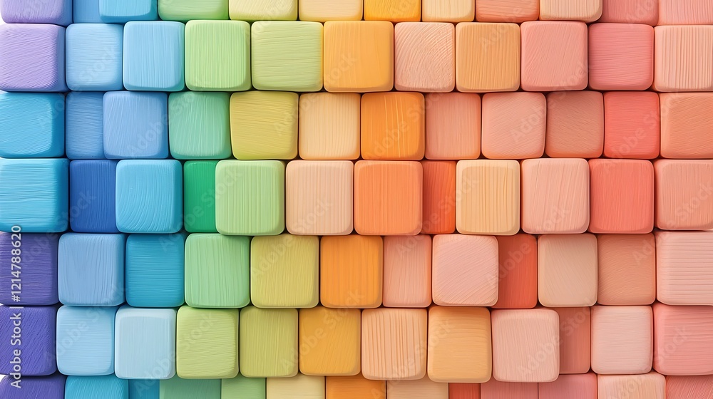 Poster vibrant wooden geometric blocks arranged in a smooth gradient of colors transitioning from warm to c