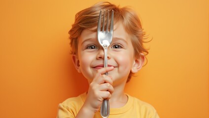 Young Boy with Fork Against Orange Background