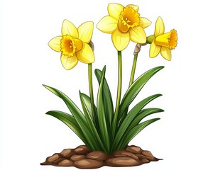 Bright Yellow Daffodils with Green Leaves in Soil Background