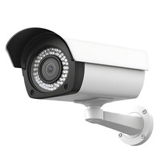 A security camera mounted on a wall, with a large lens and a series of lights around it.