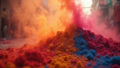 Obraz premium Colorful powder at Holi festival. Concept of celebration, culture, and tradition.