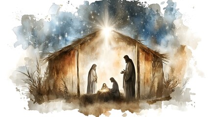 Fototapeta premium Serene Silhouette of the Holy Family in a Peaceful Stable Under a Bright Starry Night Sky with a Soft Glow Surrounding the Nativity Scene