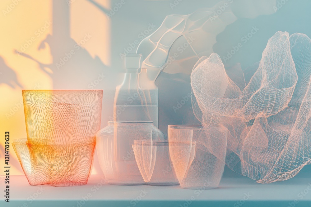 Poster colorful glassware and artistic forms create a unique display in natural light
