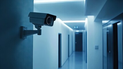 A high-tech CCTV camera mounted in the corner of a building hallway, with modern interior design in the background
