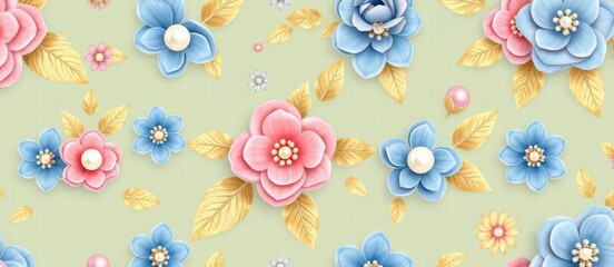 Seamless 3D Floral Pattern with Pink and Blue Flowers, Pearls, and Gold Leaves
