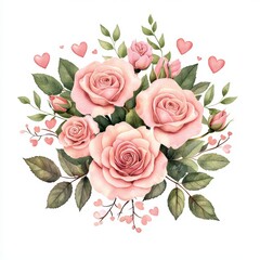 A beautiful arrangement of pink roses surrounded by green leaves and delicate hearts, symbolizing love and tenderness in a soft, romantic style.
