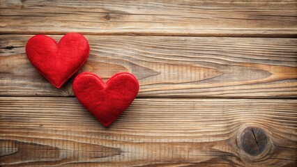 Fototapeta premium Two Red Hearts on Wooden Background, red hearts, wooden decor, red hearts