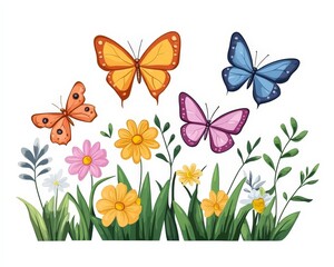 Fototapeta premium Colorful Butterflies and Vibrant Flowers in a Lush Garden Scene