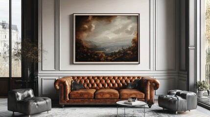 Oil painting of autumn scenery in the valley