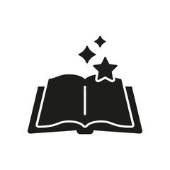 Open Book With Stars Silhouette Icon. Magical Storybook Glyph Symbol. Fantasy Reading, Bedtime Story Or Fairy Tale. Isolated Vector Illustration