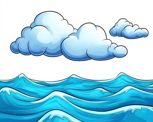 Blue Ocean Waves with Decorative Clouds in a Clear Sky Landscape