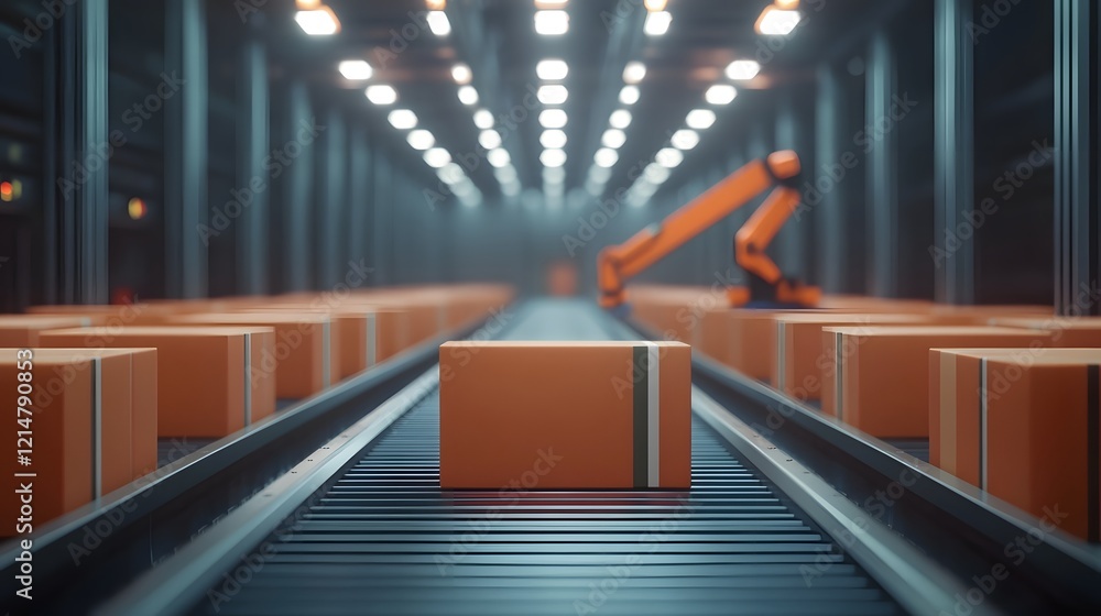 Poster automated warehouse logistics with robotic arm package loading on conveyor belt