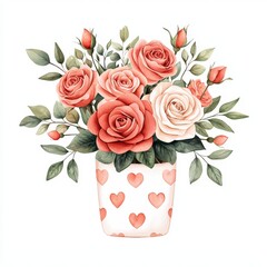 Fototapeta premium A beautiful arrangement of roses in a charming pot decorated with hearts, symbolizing love and affection, perfect for any romantic occasion.