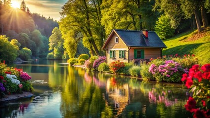 Fototapeta premium Charming Small River House, Idyllic Waterfront Cottage, Rural Scene, High Depth of Field Photography