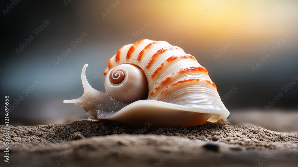 Poster striped snail with a glossy shell resting on sand under soft warm light