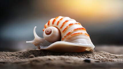 Striped snail with a glossy shell resting on sand under soft warm light