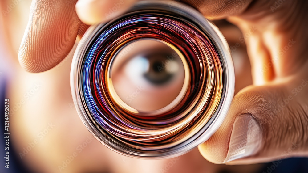 Poster close-up of a person holding a vibrant circular object with swirling colors and intricate details