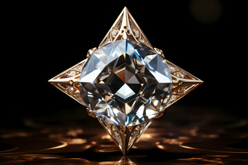 Large Sparkling Diamond Set in Gold shines Brightly on a Dark, Reflective Surface.