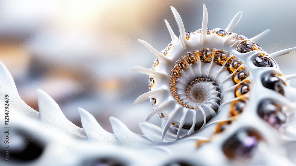 Aufkleber futuristic spiral structure with intricate spines and embedded gems in a soft abstract setting