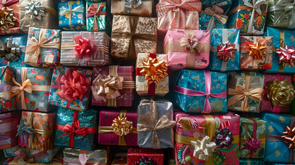Fototapeta premium Wrapped Gifts Displayed in an Array of Colors and Patterns Beautifully Decorated with Ribbons and Bows.