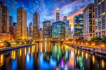 Fototapeta premium Chicago Riverfront Nightscape: Illuminated Skyscrapers & City Lights