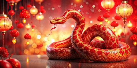 Obraz premium Chinese New Year 2025: Red Snake Double Exposure, Geometric Lunar New Year Design