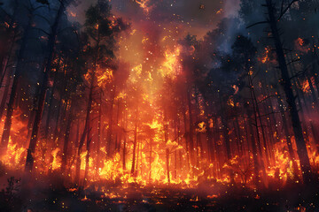 Intense Wildfire Engulfs Forest with Raging Flames, Burning Trees, and Embers at Night