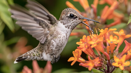 Obraz premium Hummingbird hovers and sips nectar from orange flower blossoms in vibrant garden.